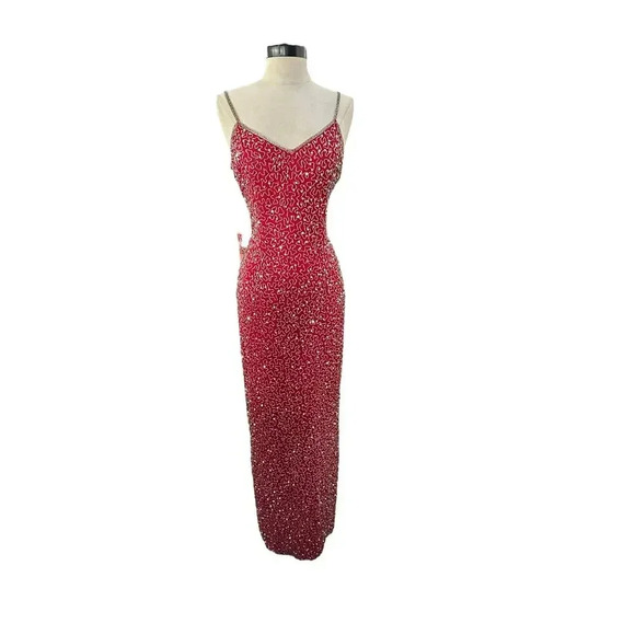 Lawrence Kazar Red 100% Silk Long Dress Size M all over sequin vintage - Picture 1 of 12